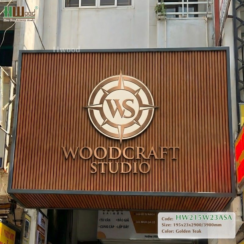 Lam sóng gỗ nhựa ASA màu Golden Teak cho biển hiệu showroom