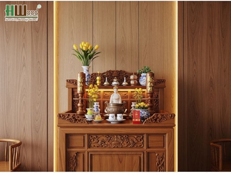  Không gian phòng thờ với tấm ốp lưng trang nghiêm 