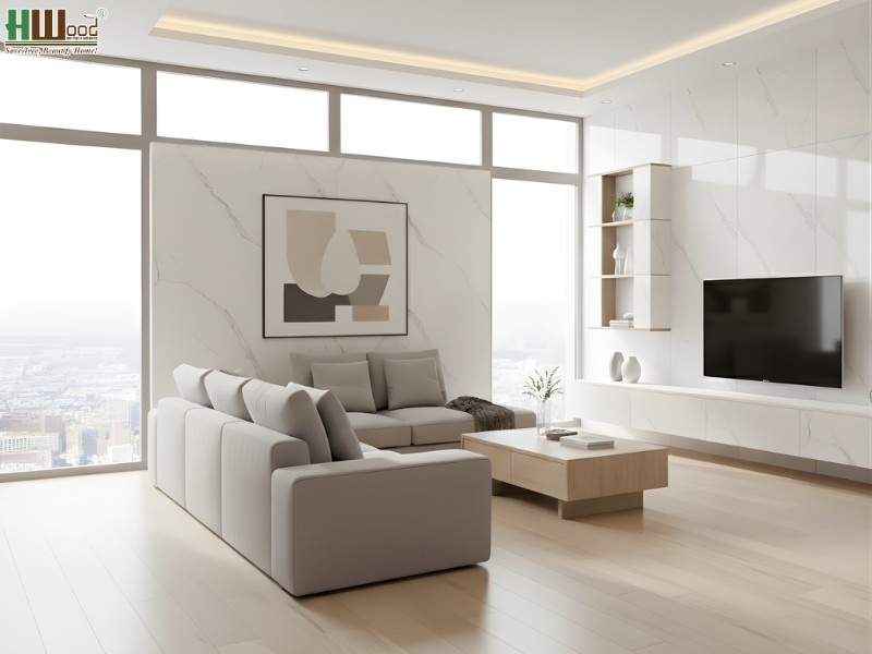 Bề mặt vân đá granite chân thực với lớp phủ UV bóng, khó phân biệt với đá thật ở khoảng cách thông thường