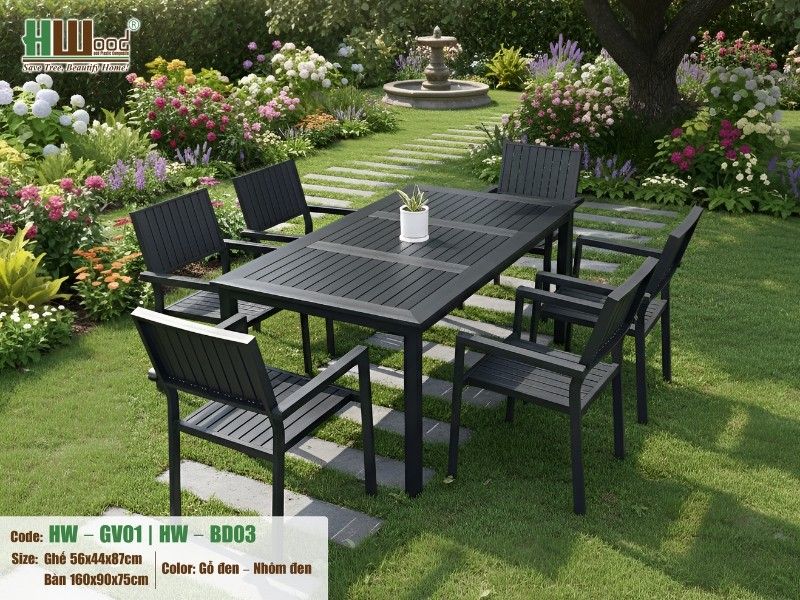 Bộ bàn ăn 6 ghế Polywood, lựa chọn lý tưởng cho tiệc ngoài trời gia đình và không gian kinh doanh cao cấp