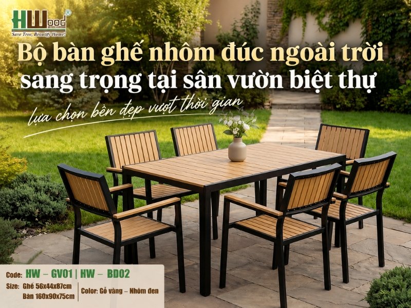 Bộ bàn ghế nhôm đúc ngoài trời sang trọng tại sân vườn biệt thự — lựa chọn bền đẹp vượt thời gian