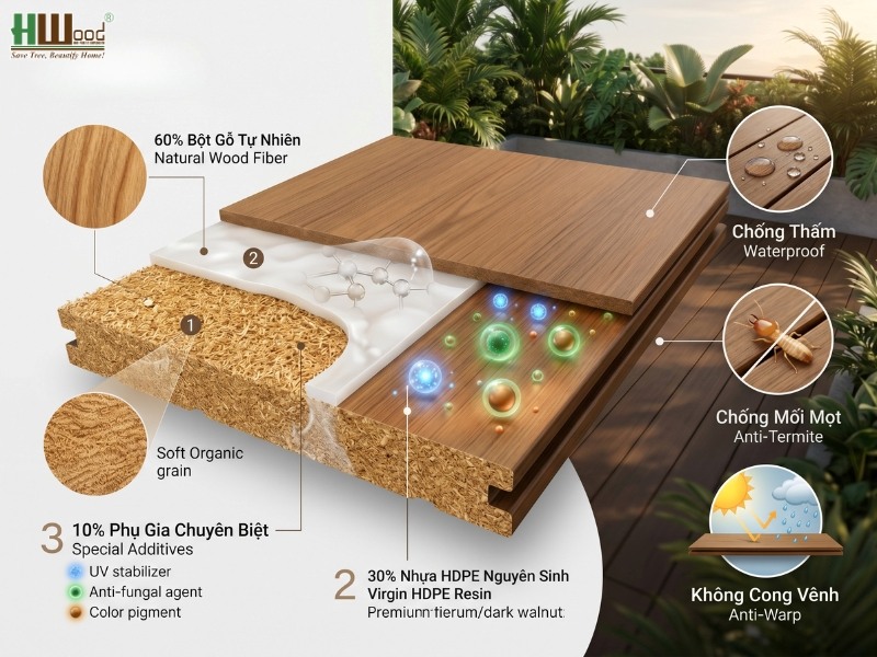 Cấu tạo lõi gỗ nhựa WPC – kết hợp bột gỗ tự nhiên và nhựa HDPE nguyên sinh cao cấp.