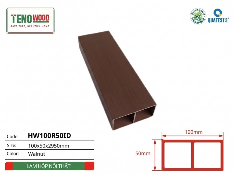 Lam hộp nội thất Tenowood HW100R50ID màu Walnut kích thước 100x50x2950mm