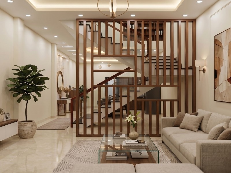 Lam hộp Tenowood màu Walnut ứng dụng làm vách ngăn cầu thang nhà phố