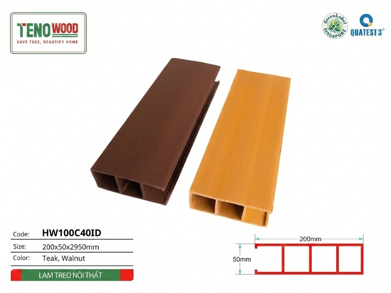 Lam treo Tenowood HW100C40ID kích thước 100x40x2950mm màu Teak và Walnut