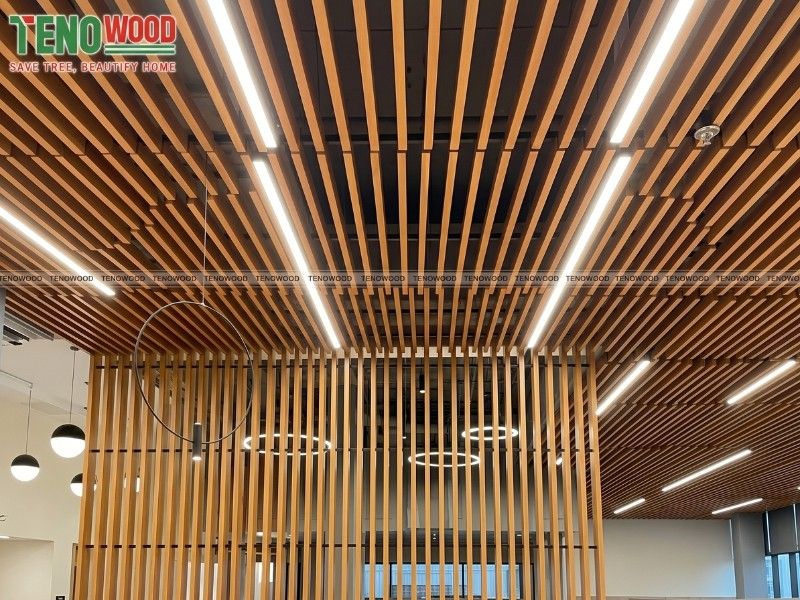 Lam treo Tenowood Teak trang trí trần và vách quán cafe kết hợp đèn LED