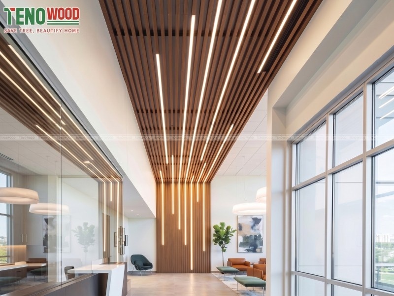Lam treo Tenowood màu Walnut ốp trần sảnh đón khách văn phòng hiện đại