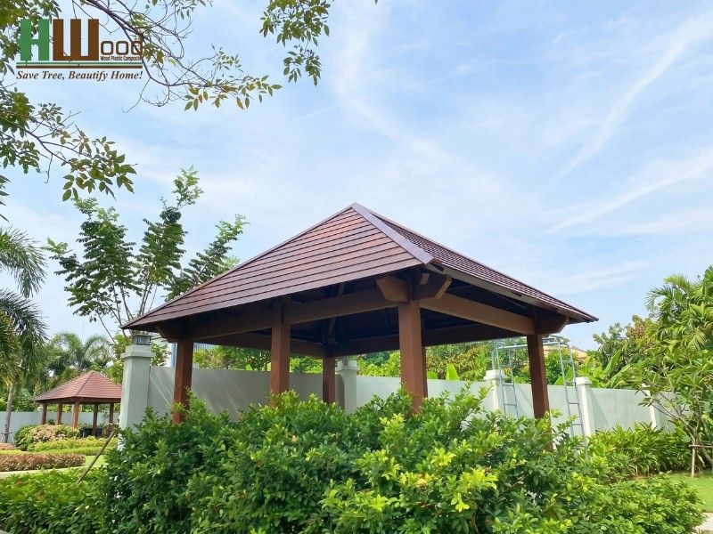 Chòi nghỉ sân vườn lợp tấm mái gỗ nhựa vân Copper Brown trầm sang trọng