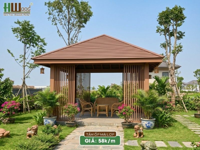 Tấm ốp mái lợp gỗ nhựa hoàn thiện chòi nghỉ sân vườn
