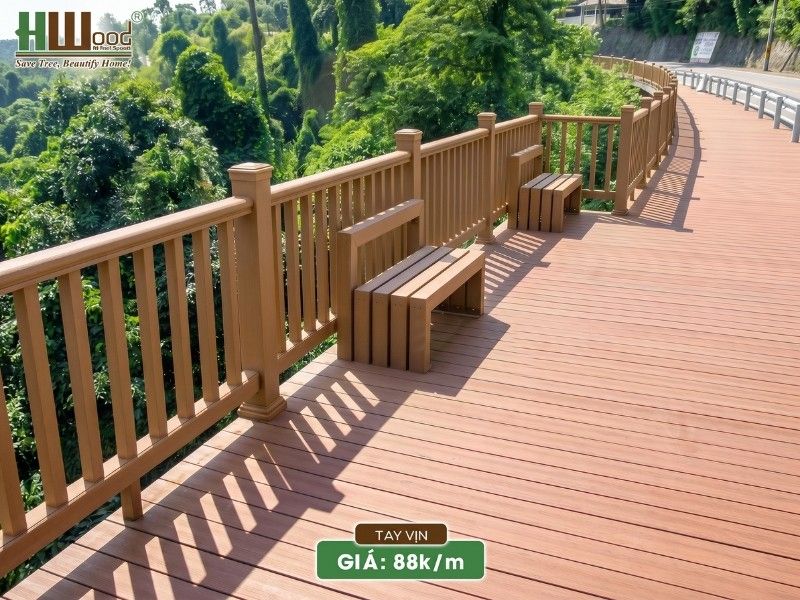 Tay vịn lan can gỗ nhựa composite màu Teak lắp đặt ngoài trời