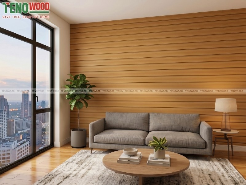 Ứng dụng tấm ốp Tenowood màu Teak trong phòng khách hiện đại