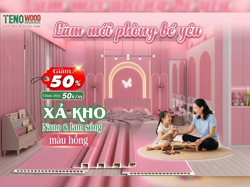 xả kho tấm ốp nano và lam sóng màu hồng cho phòng bé yêu