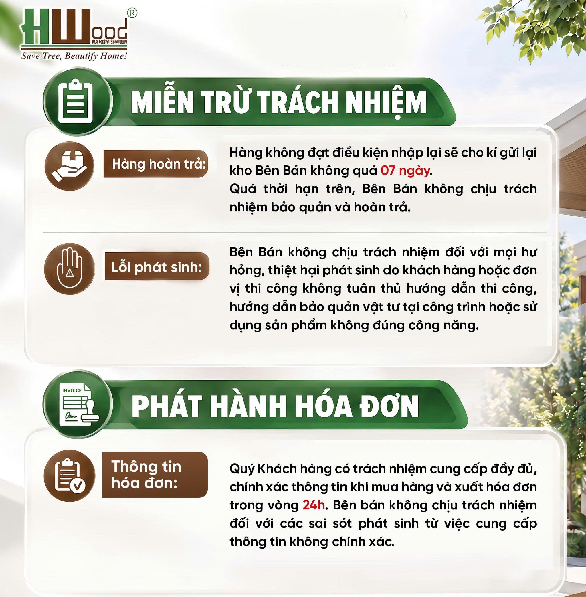 Quy Định xuất hóa đơn và miễn trừ trách nhiệm HWood Việt Nam